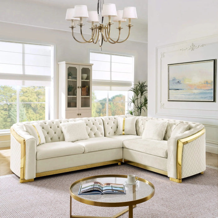 106 Inches L-Shaped Chesterfield Sectional Sofa with Gold Stainless Steel Accents, Velvet Button Tufted Sofa with 5 Pillows Luxury Couch for Living Room, Pink Default -DTYStore