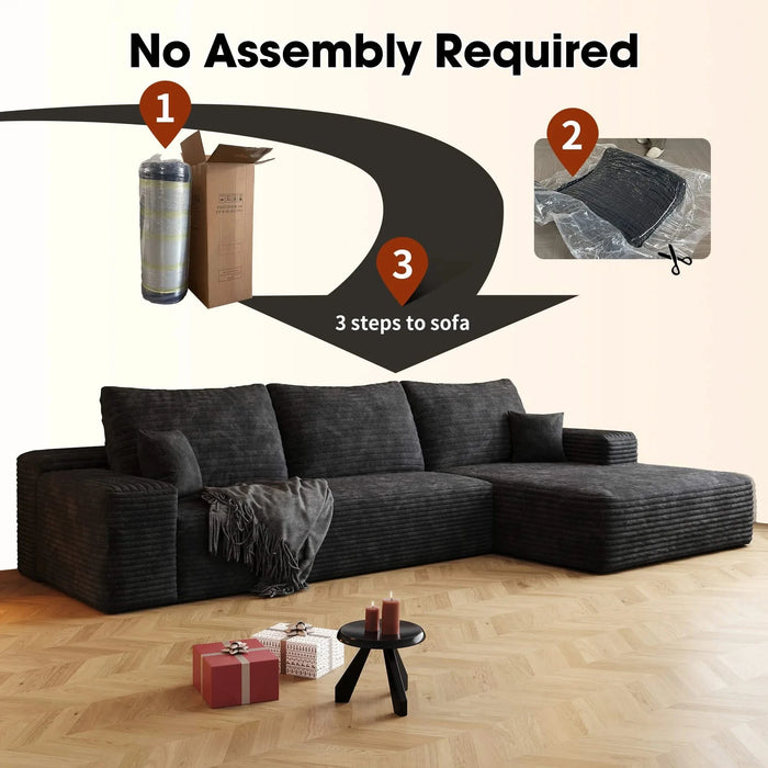 107' Cloud Sectional Couch with L-Shape Chaise,Modern Modular Sofa with Deep Seat, Upholstered Couches for Living Room Bedroom,No Assembly Required, BLACK(Plush Corduroy Fabric) Default -DTYStore