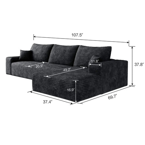 107' Cloud Sectional Couch with L-Shape Chaise,Modern Modular Sofa with Deep Seat, Upholstered Couches for Living Room Bedroom,No Assembly Required, BLACK(Plush Corduroy Fabric) Default -DTYStore