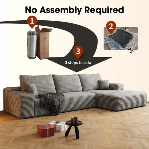 107' Cloud Sectional Couch with L-Shape Chaise,Modern Modular Sofa with Deep Seat, Upholstered Couches for Living Room Bedroom,No Assembly Required, Grey(Plush Corduroy Fabric) Default -DTYStore