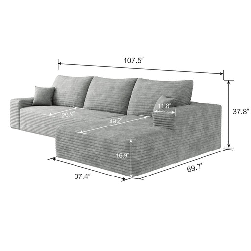 107' Cloud Sectional Couch with L-Shape Chaise,Modern Modular Sofa with Deep Seat, Upholstered Couches for Living Room Bedroom,No Assembly Required, Grey(Plush Corduroy Fabric) Default -DTYStore