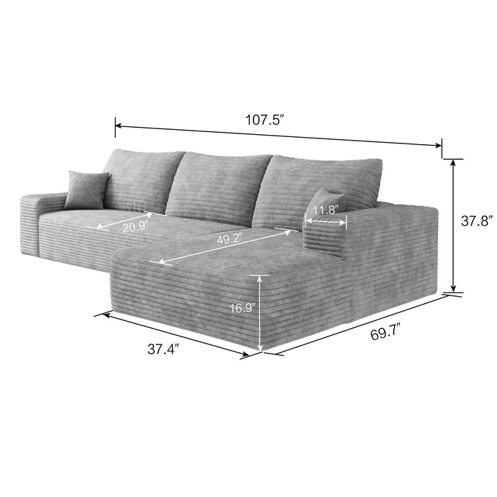 107' Cloud Sectional Couch with L-Shape Chaise,Modern Modular Sofa with Deep Seat, Upholstered Couches for Living Room Bedroom,No Assembly Required, Grey(Plush Corduroy Fabric) Default -DTYStore