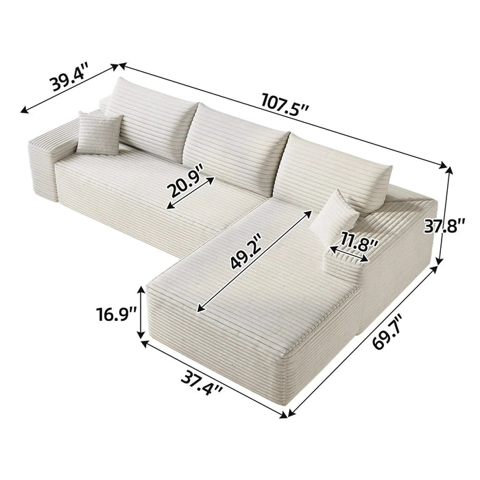 107' Cloud Sectional Couch with L-Shape Chaise,Modern Modular Sofa with Deep Seat, Upholstered Couches for Living Room Bedroom,No Assembly Required, (Plush Corduroy Fabric),White Default -DTYStore