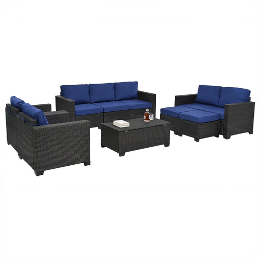 10 Piece PE Rattan Patio Furniture Set, Sectional Sofa Set, Outdoor Patio Furniture Set With Cushions & Tempered Glass Coffee Table Default -DTYStore