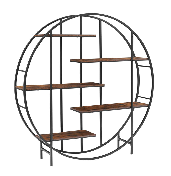 Round 5-Tier Metal Plant Stand bookcase storage rack, Indoor Living Room Terrace Garden Balcony Display Stand. Rustic Brown, 67'' W x 11.8'' D x 67'' H. - DTYStore