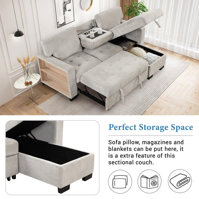 Stylish and Functional Light Chaise Lounge Sectional with Storage Rack Pull-out Bed Drop Down Table and USB Charger Light Gray - DTYStore