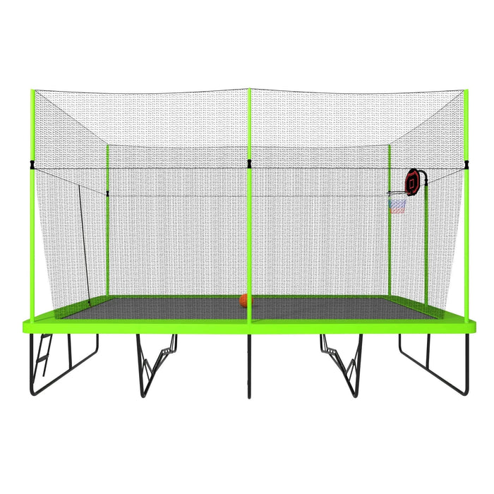 10ft by 17ft Rectangule Trampoline with Green Fabric Black Powder-coated Galvanized Steel Tubes with Basketball Hoop System Advanced Ladder Default -DTYStore