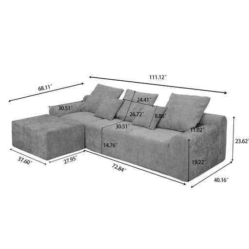 111.2' Modern L-Shaped Sectional Sofa – Modular Velvet Couch with Adjustable Configurations, Soft Mélange Fabric in GREY, Stylish & Comfortable for Living Room, Bedroom, and Lounge Areas Default -DTYStore
