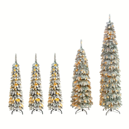 8FT, 6FT, 4FT x 3 Pre-Lit Pencil Christmas Trees, 5-set Slim Artificial Christmas Tree With Snow Flocking, Xmas Holiday Decoration Tree, 1820 Branch Tips, 350 LED Lights with 11 Lighting Modes - Image 14