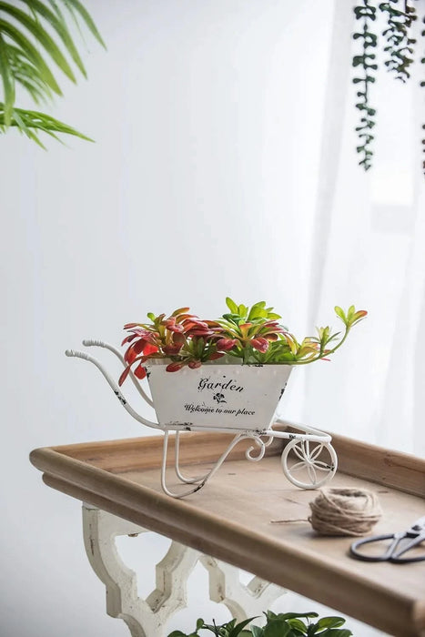 11.5x4x7' White Metal Decorative Disressed Wheelbarrow Planter, Tabletop Decor Default -DTYStore