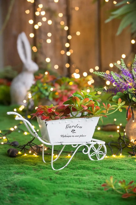 11.5x4x7' White Metal Decorative Disressed Wheelbarrow Planter, Tabletop Decor Default -DTYStore