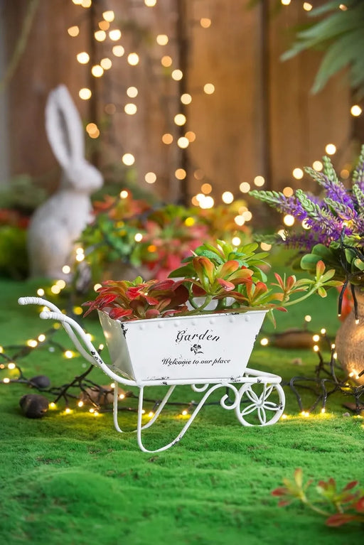 11.5x4x7' White Metal Decorative Disressed Wheelbarrow Planter, Tabletop Decor Default -DTYStore