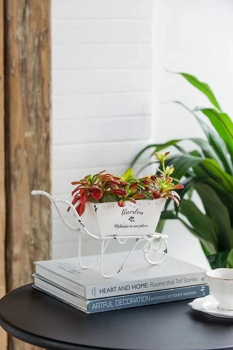 11.5x4x7' White Metal Decorative Disressed Wheelbarrow Planter, Tabletop Decor Default -DTYStore