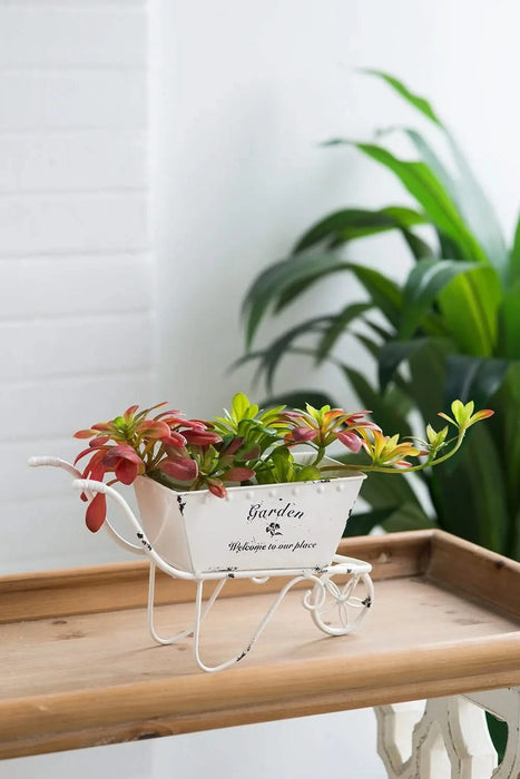 11.5x4x7' White Metal Decorative Disressed Wheelbarrow Planter, Tabletop Decor Default -DTYStore