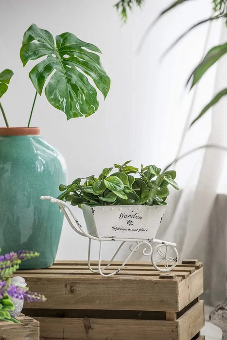 11.5x4x7' White Metal Decorative Disressed Wheelbarrow Planter, Tabletop Decor Default -DTYStore