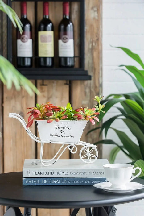 11.5x4x7' White Metal Decorative Disressed Wheelbarrow Planter, Tabletop Decor Default -DTYStore