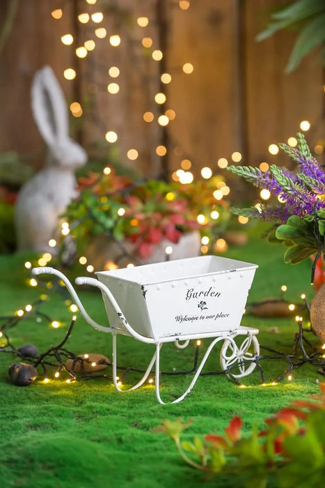 11.5x4x7' White Metal Decorative Disressed Wheelbarrow Planter, Tabletop Decor Default -DTYStore