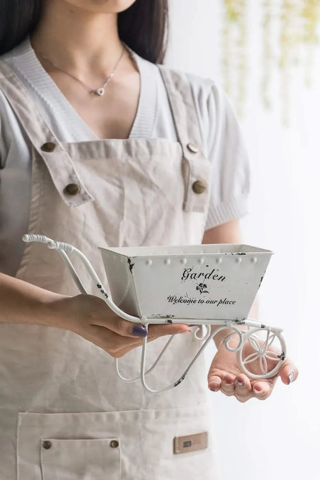 11.5x4x7' White Metal Decorative Disressed Wheelbarrow Planter, Tabletop Decor Default -DTYStore