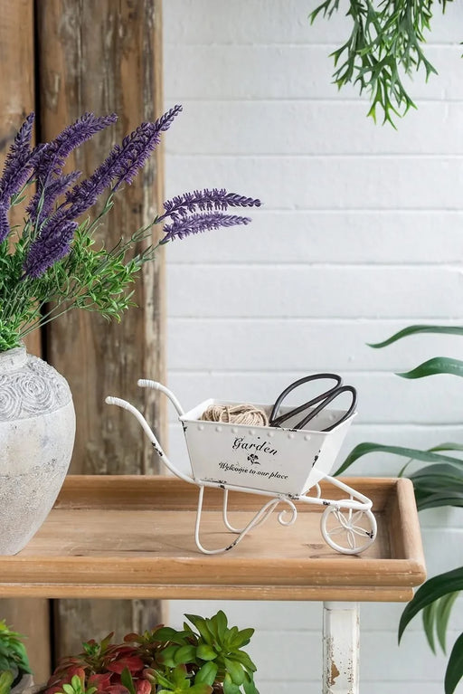 11.5x4x7' White Metal Decorative Disressed Wheelbarrow Planter, Tabletop Decor Default -DTYStore