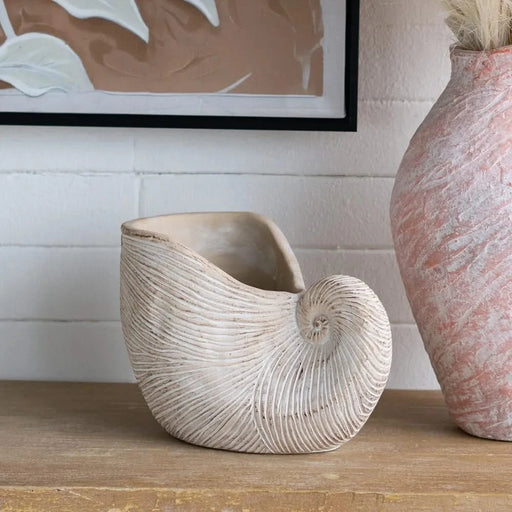 11.5x6.7x7.7' Sand and Cement Nautilus Shell Planter with Textured Beige Finish Default -DTYStore
