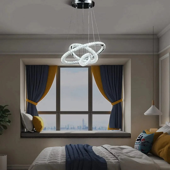 11.8' To 47.2' In Adjustable Height Eira Small Triple Hoop Modern Crystal Stainless Pure White Color Led Remote Control Dimmer Chandelier Default -DTYStore