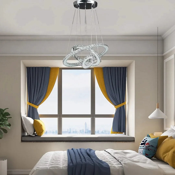 11.8' To 47.2' In Adjustable Height Eira Small Triple Hoop Modern Crystal Stainless Pure White Color Led Remote Control Dimmer Chandelier Default -DTYStore