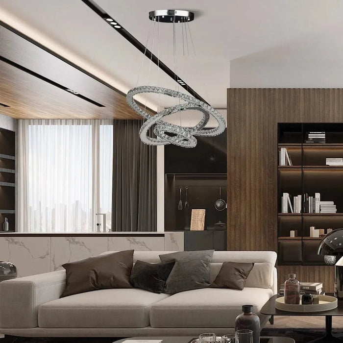 11.8' To 47.2' In Adjustable Height Else Medium Triple Hoop Modern Crystal Stainless Pure White Color Led Remote Control Dimmer Chandelier Default -DTYStore