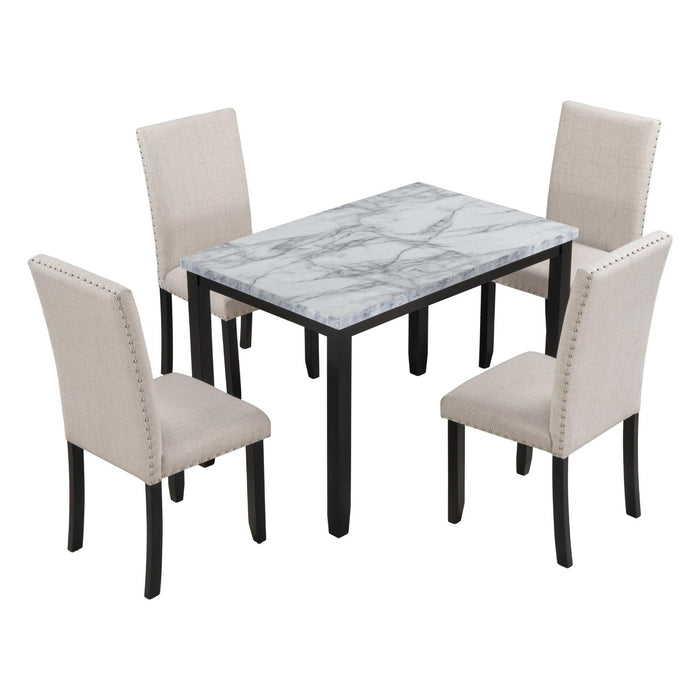 Faux Marble 5-Piece Dining Set Table with 4 Thicken Cushion Dining Chairs Home Furniture, White/Beige+Black - DTYStore