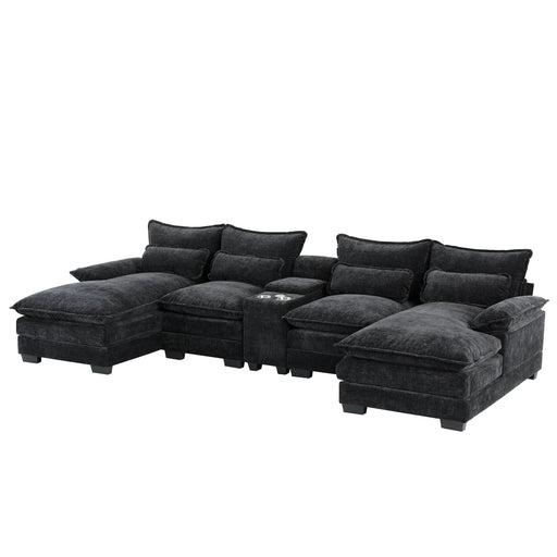 123*55'Modern U-shaped Sectional Sofa with Console,Cup Holders and USB Charger,6 Seat Upholstered Symmetrical Indoor Furniture,Comfy Chenille Cloud Couch with Chaise for Living Room,Apartment,5 Colors Default -DTYStore