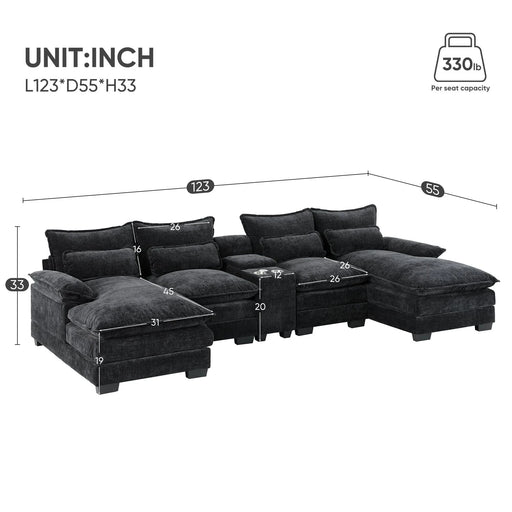 123*55'Modern U-shaped Sectional Sofa with Console,Cup Holders and USB Charger,6 Seat Upholstered Symmetrical Indoor Furniture,Comfy Chenille Cloud Couch with Chaise for Living Room,Apartment,5 Colors Default -DTYStore