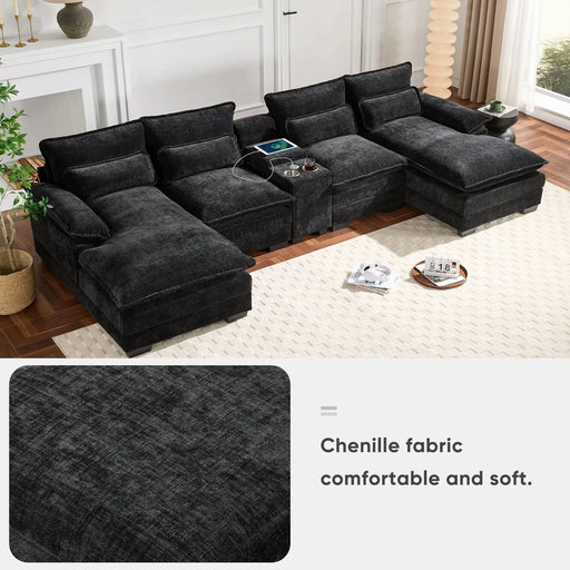 123*55'Modern U-shaped Sectional Sofa with Console,Cup Holders and USB Charger,6 Seat Upholstered Symmetrical Indoor Furniture,Comfy Chenille Cloud Couch with Chaise for Living Room,Apartment,5 Colors Default -DTYStore