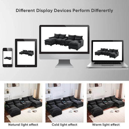 123*55'Modern U-shaped Sectional Sofa with Console,Cup Holders and USB Charger,6 Seat Upholstered Symmetrical Indoor Furniture,Comfy Chenille Cloud Couch with Chaise for Living Room,Apartment,5 Colors Default -DTYStore