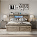 Farmhouse Bed Frame Queen Size with LED Lights and Charging Station, Wooden Queen Bed with 2 Storage Drawers, Rustic Headboard with Sliding Barn Door Storage Cabinets - DTYStore