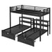 Full XL Over Twin & Twin Triple Bunk Bed with Drawers, Multi-functional Metal Frame Bed, Bed Head with Shelving & USB, Black - DTYStore