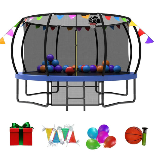 12FT Recreational Kids Trampoline with Safety Enclosure Net & Ladder, and flag parts, Outdoor Recreational Trampolines Default -DTYStore
