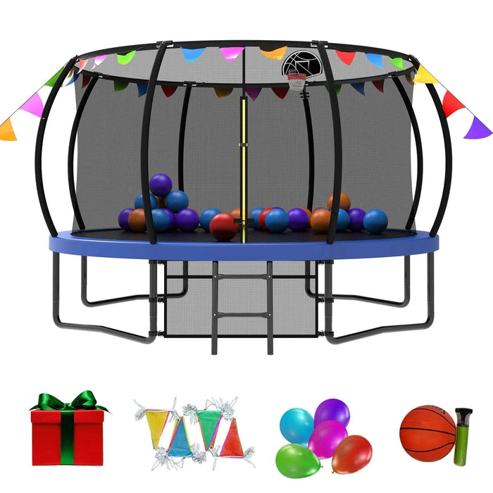12FT Recreational Kids Trampoline with Safety Enclosure Net & Ladder, and flag parts, Outdoor Recreational Trampolines Default -DTYStore