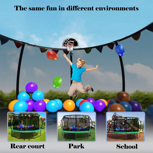 12FT Recreational Kids Trampoline with Safety Enclosure Net & Ladder and flag parts ,Outdoor Recreational Trampolines Default -DTYStore