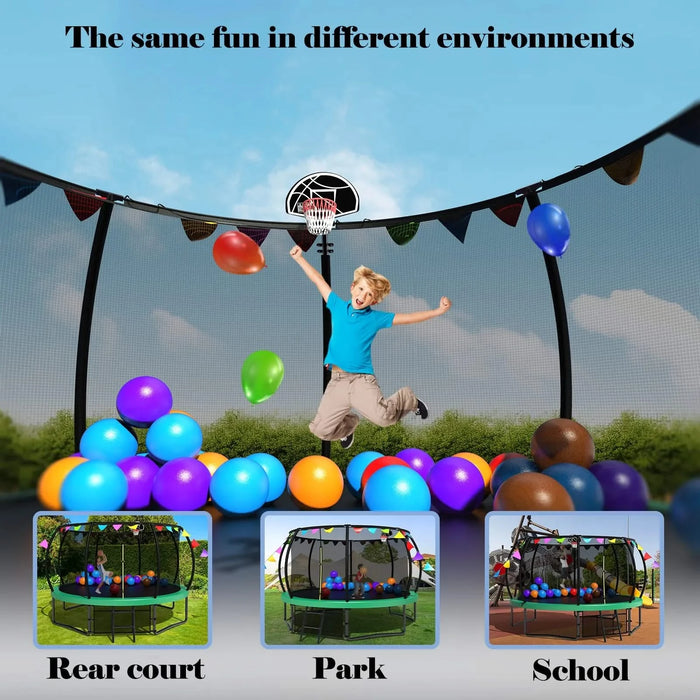 12FT Recreational Kids Trampoline with Safety Enclosure Net & Ladder and flag parts ,Outdoor Recreational Trampolines Default -DTYStore
