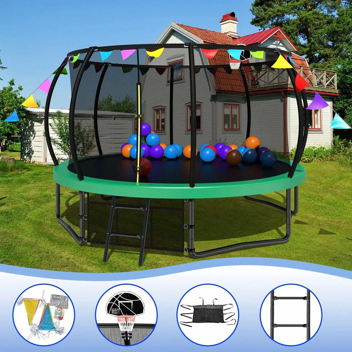 12FT Recreational Kids Trampoline with Safety Enclosure Net & Ladder and flag parts ,Outdoor Recreational Trampolines Default -DTYStore