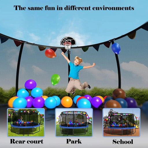 12FT Recreational Kids Trampoline with Safety Enclosure Net & Ladder, and flag parts, Outdoor Recreational Trampolines Default -DTYStore