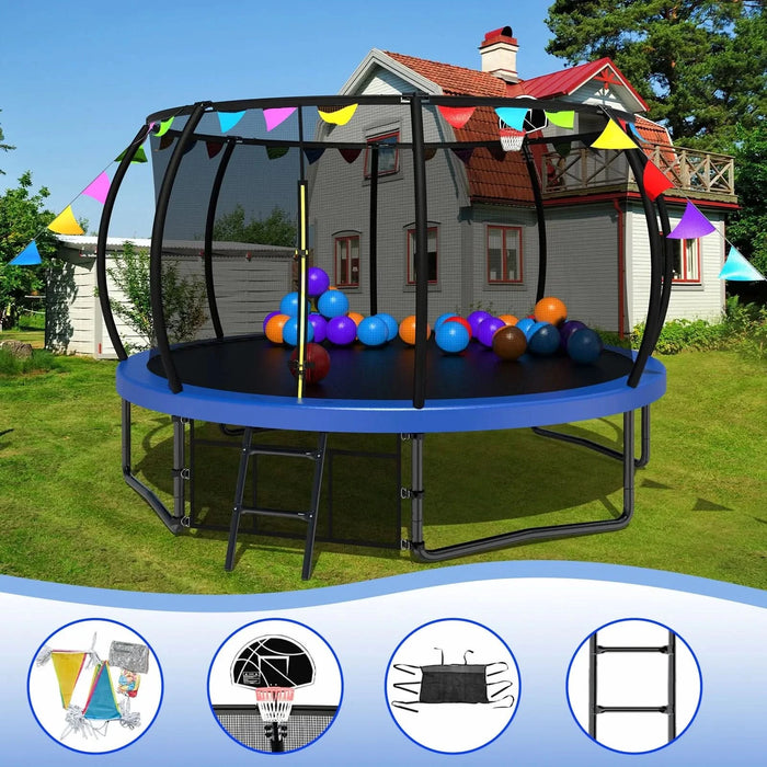 12FT Recreational Kids Trampoline with Safety Enclosure Net & Ladder, and flag parts, Outdoor Recreational Trampolines Default -DTYStore