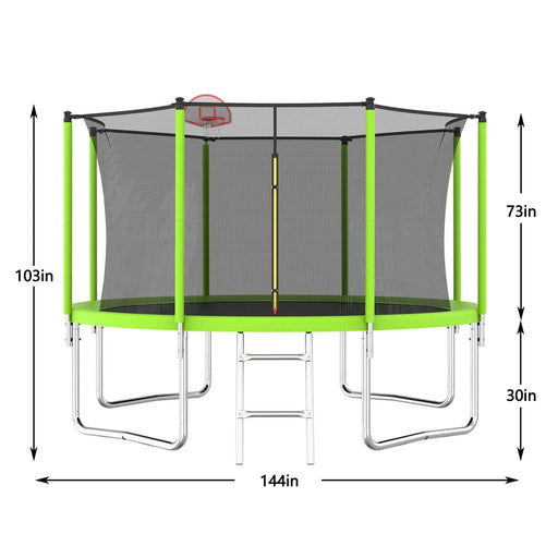 12FT Trampoline Green for Kids & Adults with Basketball Hoop and Ball ,Recreational Trampolines with Safety Enclosure for Back Yard Outdoor - DTY Store