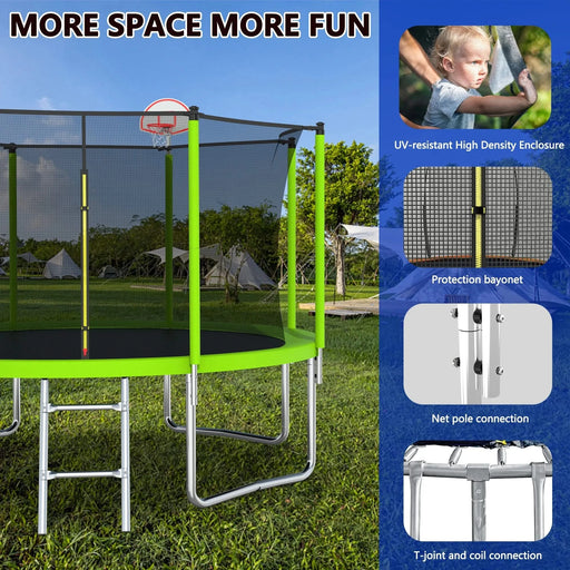 12FT Trampoline Green for Kids & Adults with Basketball Hoop and Ball ,Recreational Trampolines with Safety Enclosure for Back Yard Outdoor Default -DTYStore