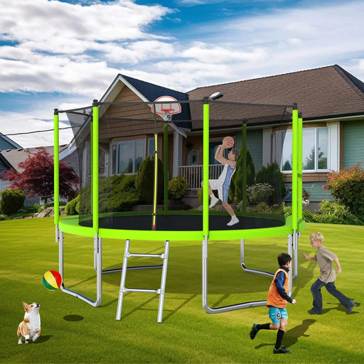 12FT Trampoline Green for Kids & Adults with Basketball Hoop and Ball ,Recreational Trampolines with Safety Enclosure for Back Yard Outdoor Default -DTYStore