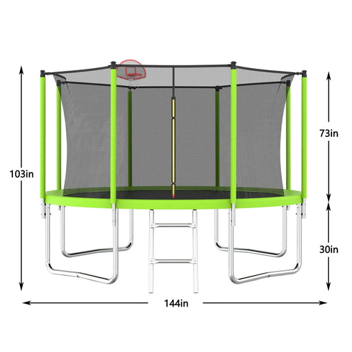 12FT Trampoline Green for Kids & Adults with Basketball Hoop and Ball ,Recreational Trampolines with Safety Enclosure for Back Yard Outdoor Default -DTYStore