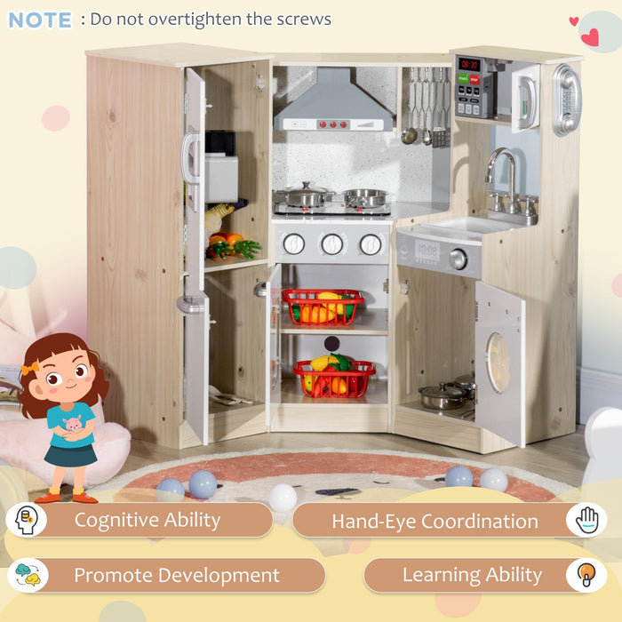 Ultra-Big Corner Kids Kitchen Playset with Sound Effects, Wooden Play Kitchen with Stainless Steel Cooking Toys, Imaginative Pretend Toy for Ages 3-6 with Phone, Ice Maker - DTYStore
