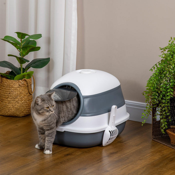 Cat Litter Box with Lid, Covered Litter Box w/ High Sides, Air Freshener, Large Two-Way Entrance Kitty Litter Box, Foldable, Easy Clean, White, and Gray