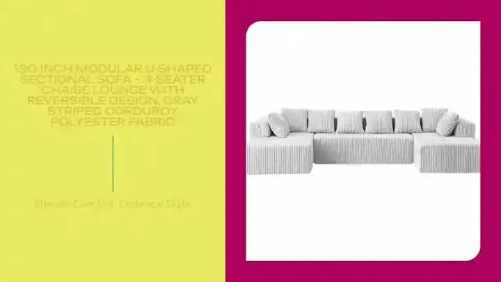 130-Inch Modular U-Shaped Sectional Sofa – 4-Seater Chaise Lounge with Reversible Design, Gray Striped Corduroy Polyester Fabric Default -DTYStore