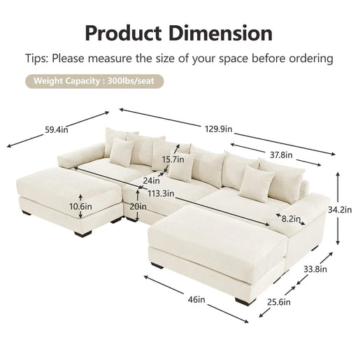 130' Oversized Cloud Modular Sectional Couch, Premium Corduroy Fabric,3-Seater Deep Seat Wide Armrests, With Chaise,Ergonomic Design,Easy Assembly For Lounges Living Room,Cream Default -DTYStore