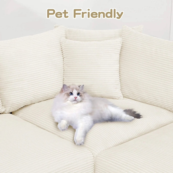 130' Oversized Cloud Modular Sectional Couch, Premium Corduroy Fabric,3-Seater Deep Seat Wide Armrests, With Chaise,Ergonomic Design,Easy Assembly For Lounges Living Room,Cream Default -DTYStore